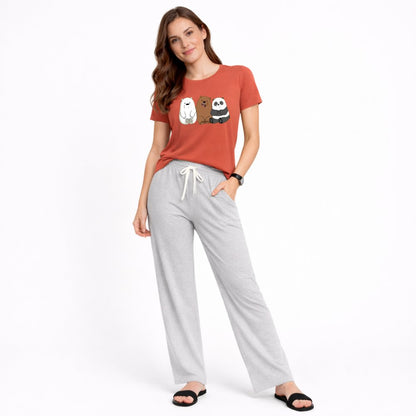 Women's Cartoon Bear Print Night Suit – T-Shirt & Trouser Set