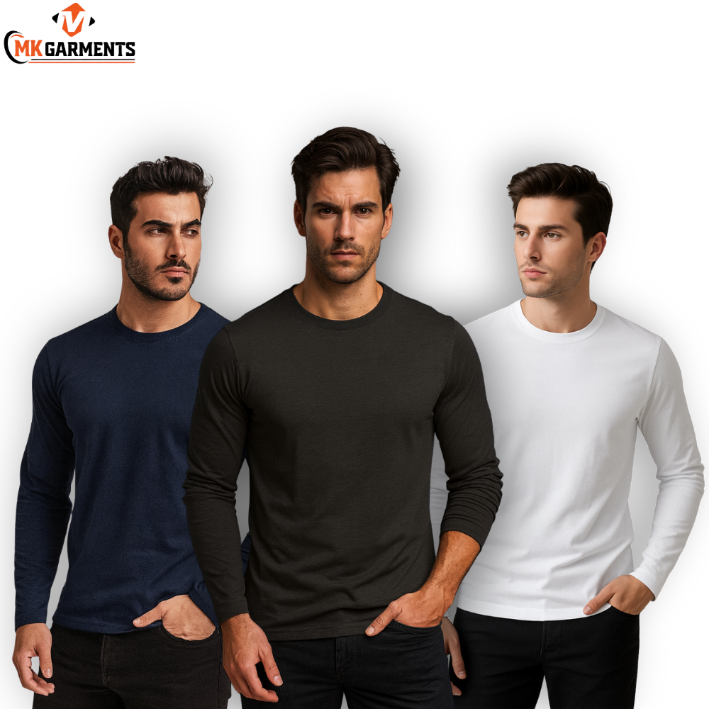 Pack Of 3 Plain Colors Full Sleeves  T Shirts For Mens