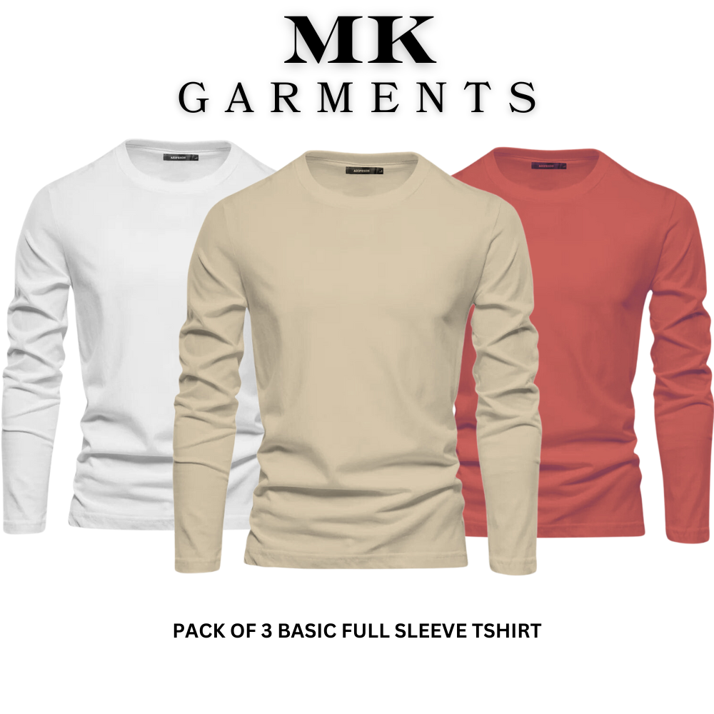 MK Garments - Pack Of 3 Plain Colors Premium Full Sleeves Shirts Casual Wear Long Sleeve For T Shirt For Men