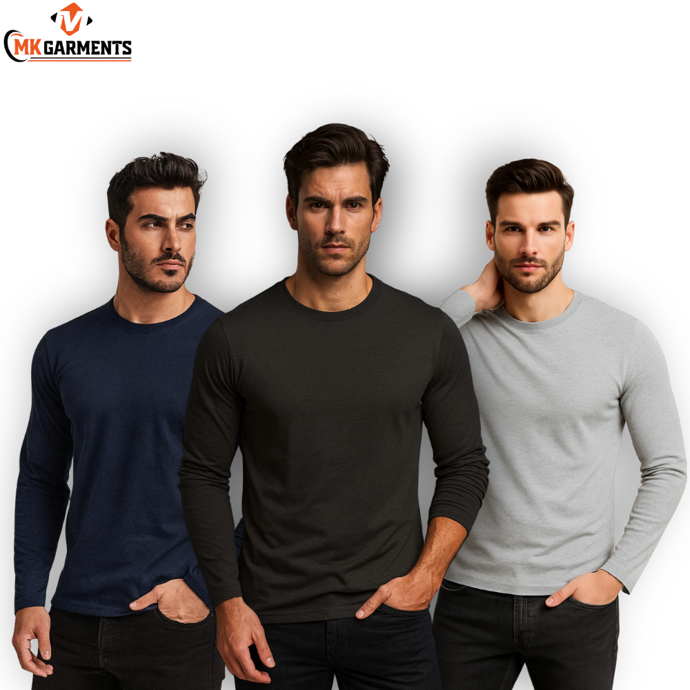 Pack Of 3 Plain Colors Full Sleeves  T Shirts For Mens