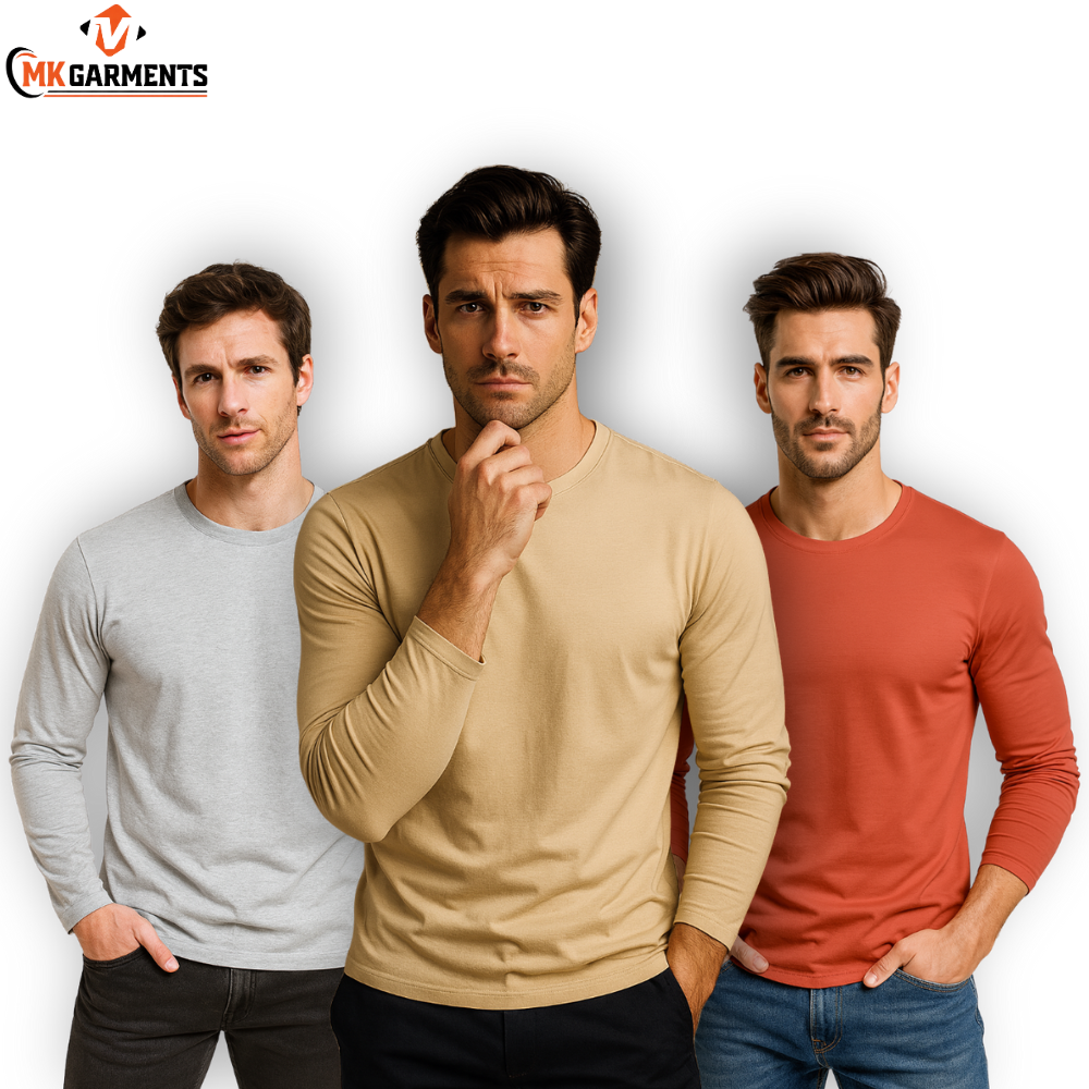 Pack Of 3 Plain Colors Full Sleeves  T Shirts For Mens