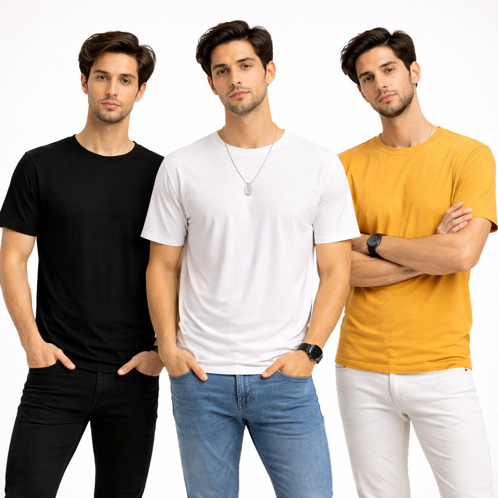 Pack Of 3 Plain Colors Half Sleeves T Shirts For Mens
