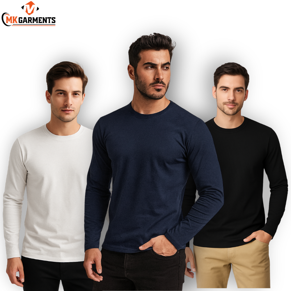 Pack Of 3 Plain Colors Full Sleeves  T Shirts For Mens