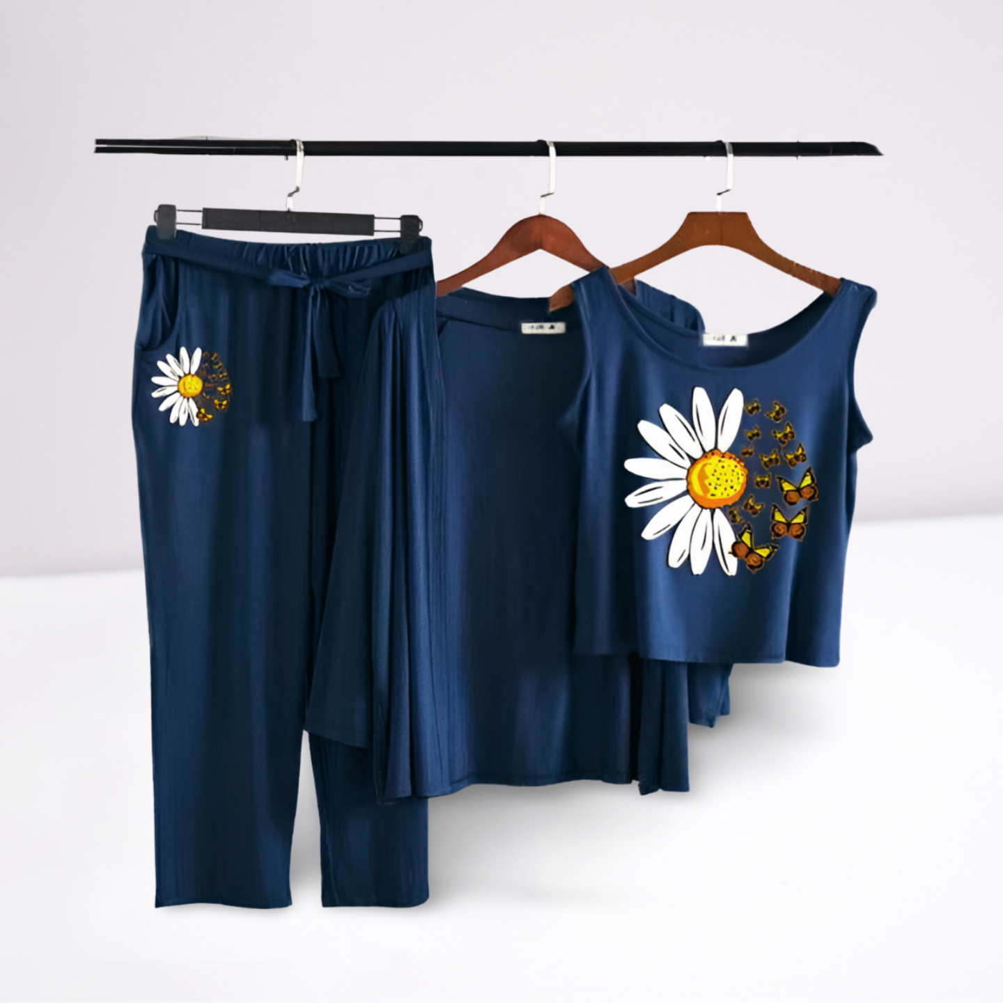 MK Garments - White Sunflower Printed 3Piece Pajama Night Suite Women Modal Long-Sleeved Vest For Leisure Home Wear Female Sleepwear