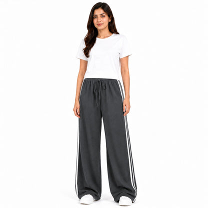 Women's Plain T-Shirt & Double White Stripe Trouser Set