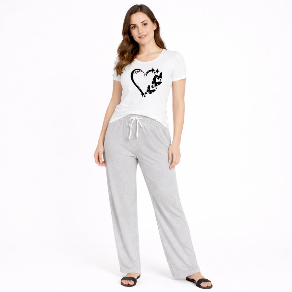 Women's Heart & Butterfly Print Night Suit – T-Shirt & Trouser Set
