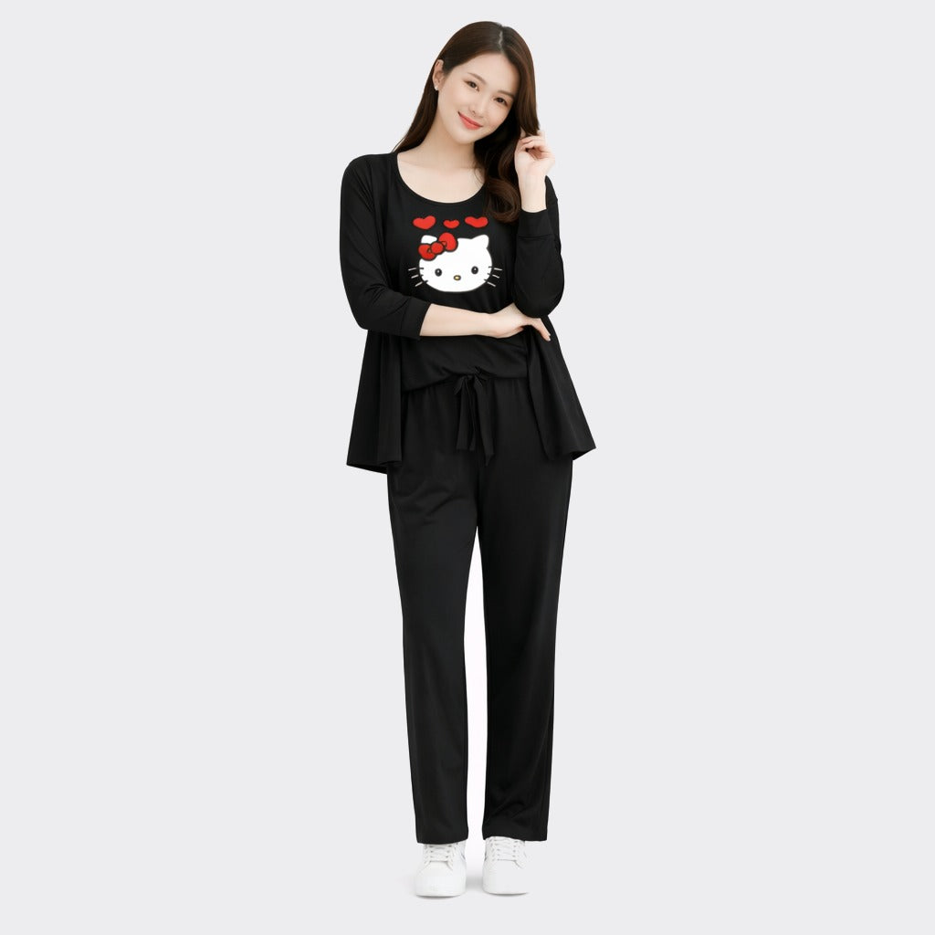 Buy Kitty Printed 3 Piece Cotton Night Suit For Women Online Pakistan COD - MK Garments