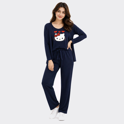 Buy Kitty Printed 3 Piece Cotton Night Suit For Women Online Pakistan COD - MK Garments