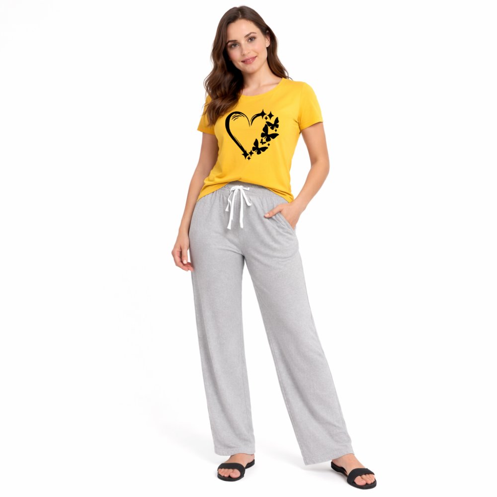 Women's Heart & Butterfly Print Night Suit – T-Shirt & Trouser Set