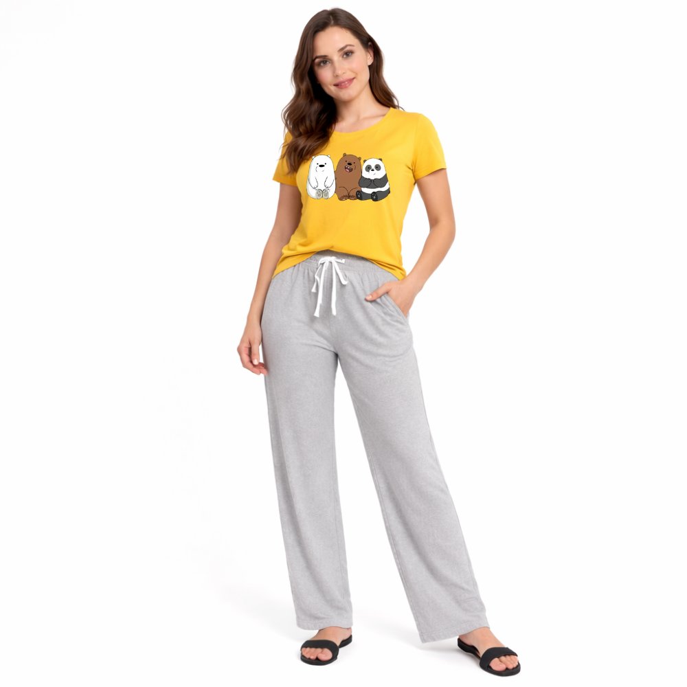 Women's Cartoon Bear Print Night Suit – T-Shirt & Trouser Set