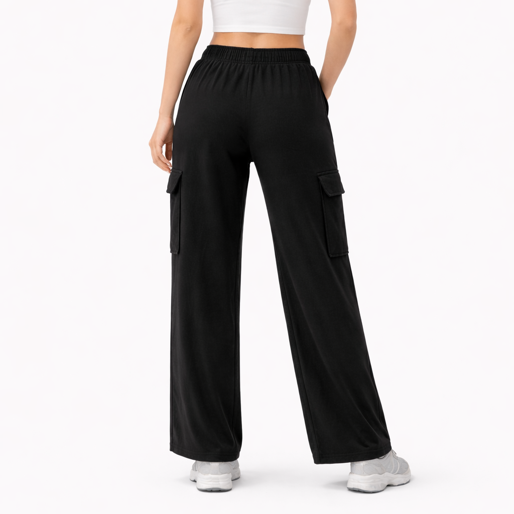 Black High Waist Cargo Trousers Comfortable Terry Fabric For Girls