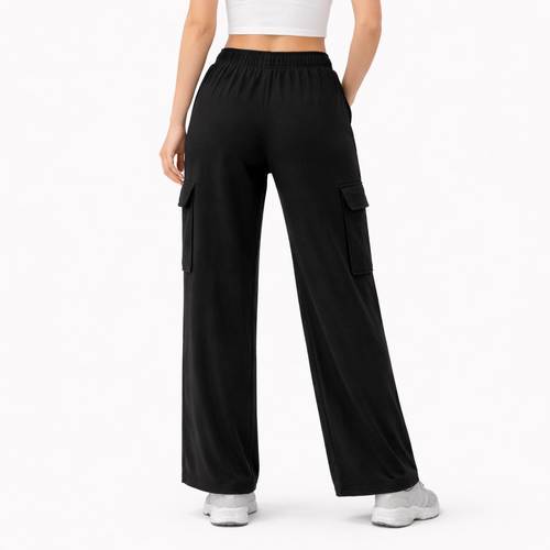 Black High Waist Cargo Trousers Comfortable Terry Fabric For Girls