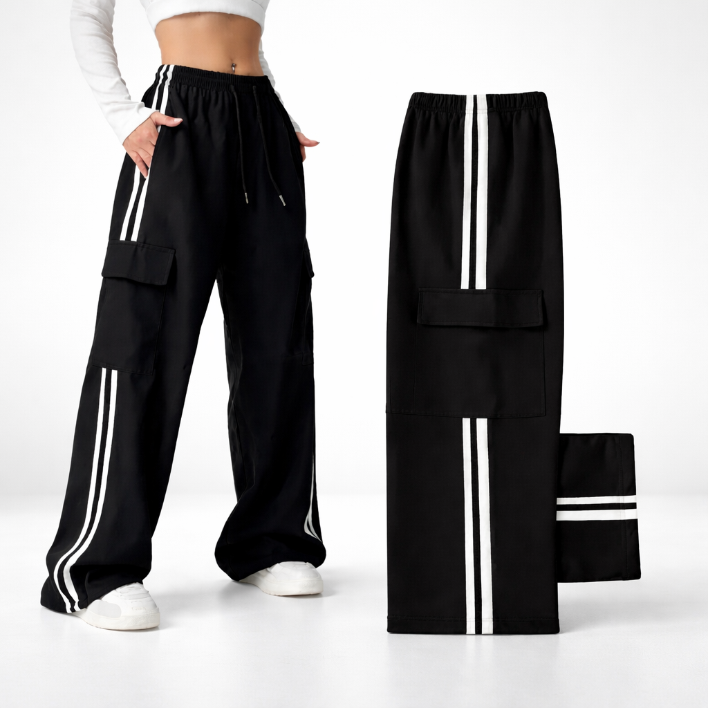 Cargo Terry Pants With 2 White Stripes Elastic Waist