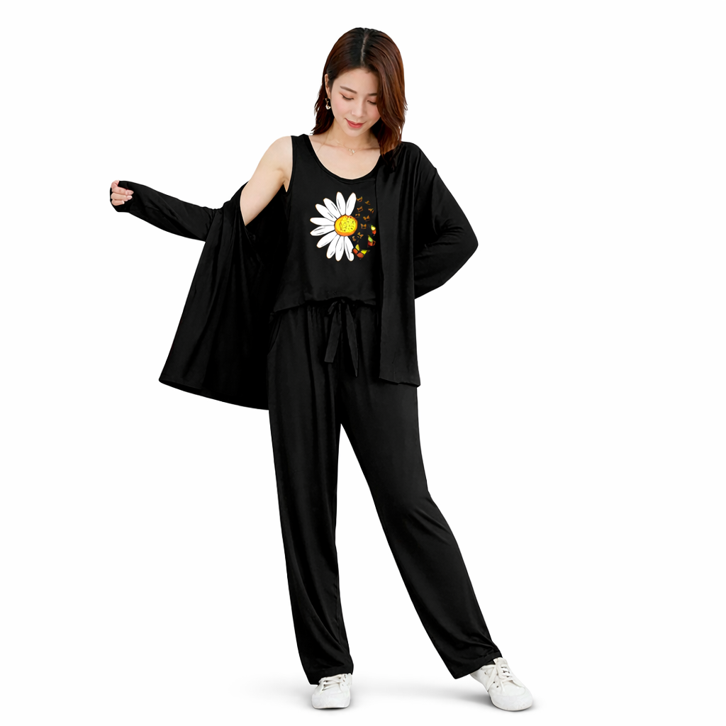 White Sunflower Printed 3Piece Pajama Night Suite