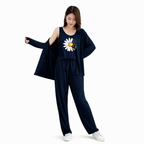 White Sunflower Printed 3Piece Pajama Night Suite