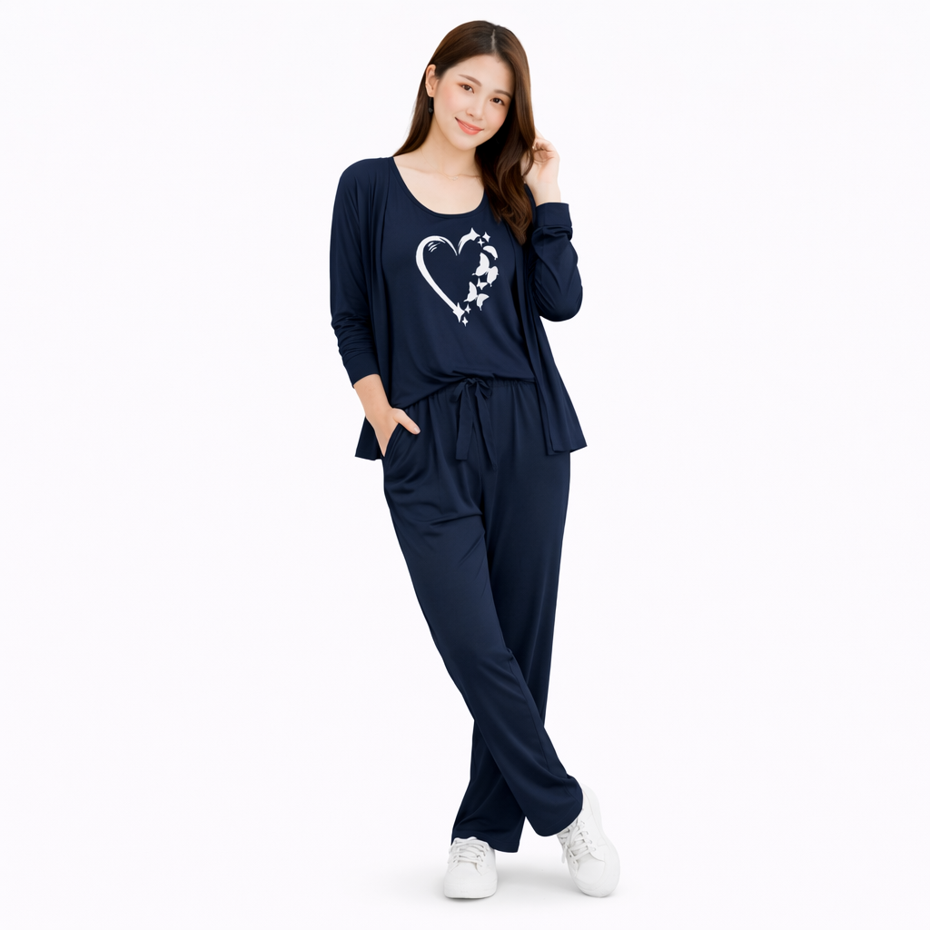 ButterFly Heart  Printed 3 Piece For Home Wear Night Suite