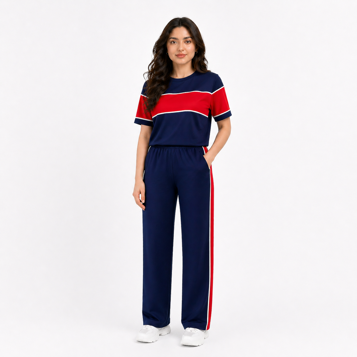 Women Panel Tee & Straight Trouser Tracksuit Set