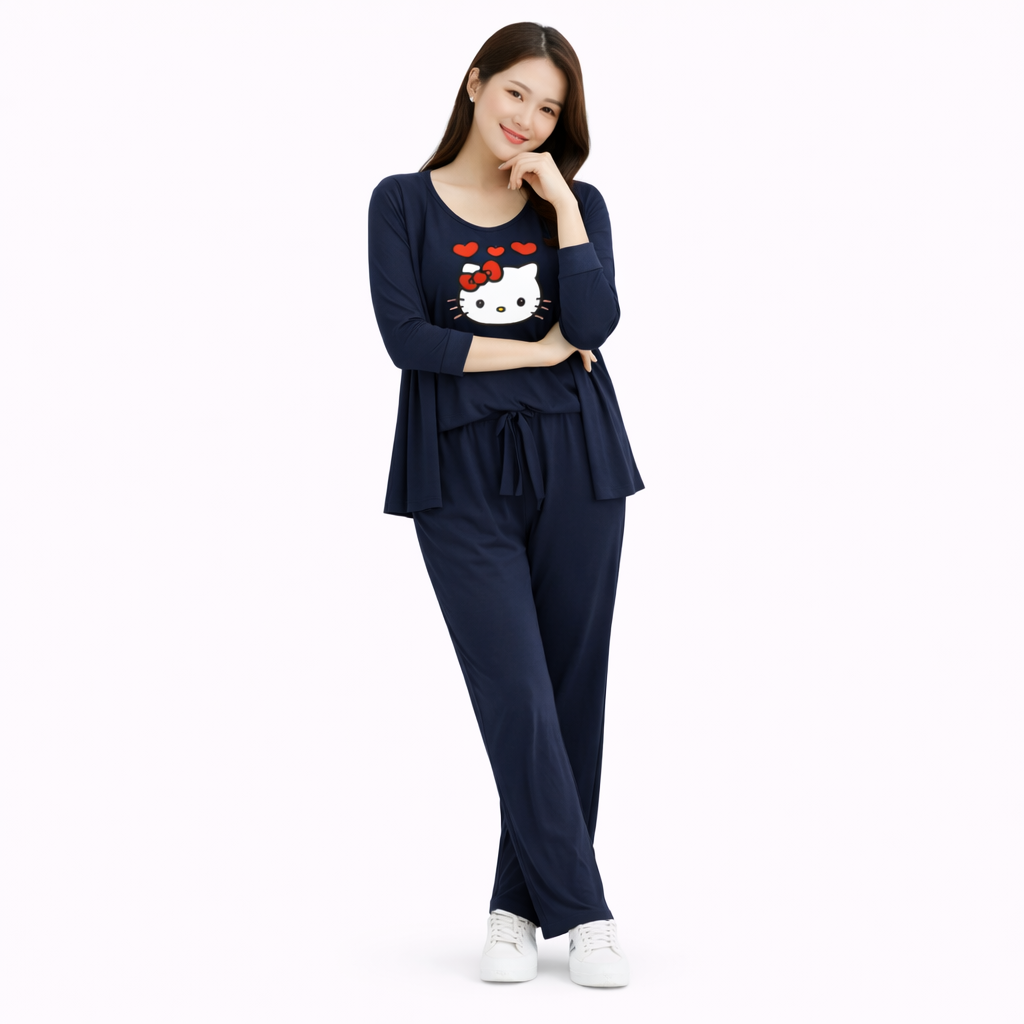 Kitty Printed 3 Piece For Home Wear Night Suite