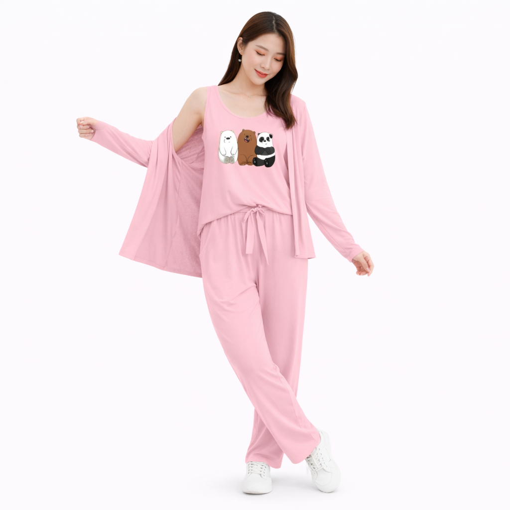 3 Cute Bears Printed 3 Piece Home Wear Night Suite