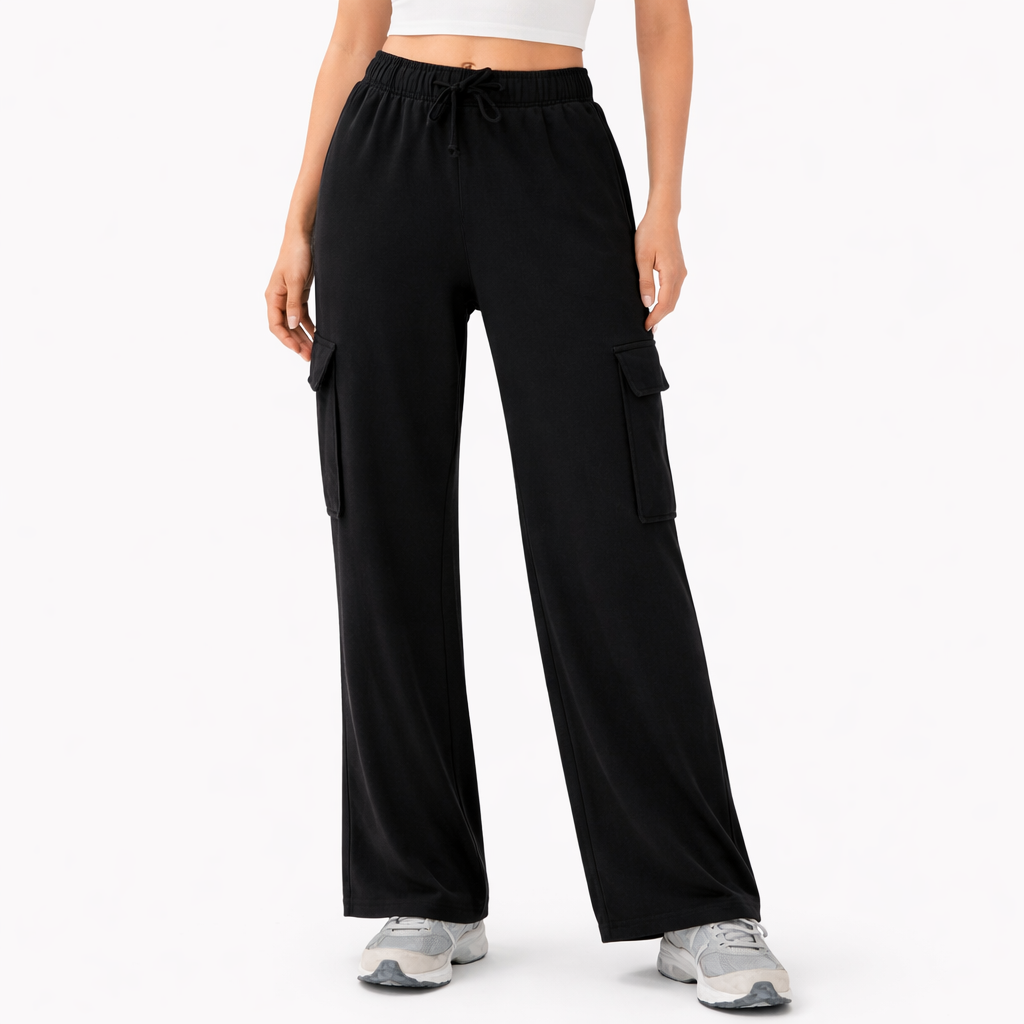 Black High Waist Cargo Trousers Comfortable Terry Fabric For Girls