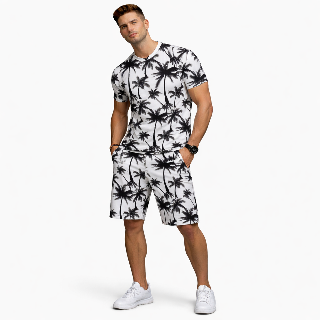 Men Tree Printed White Summer Short Suite