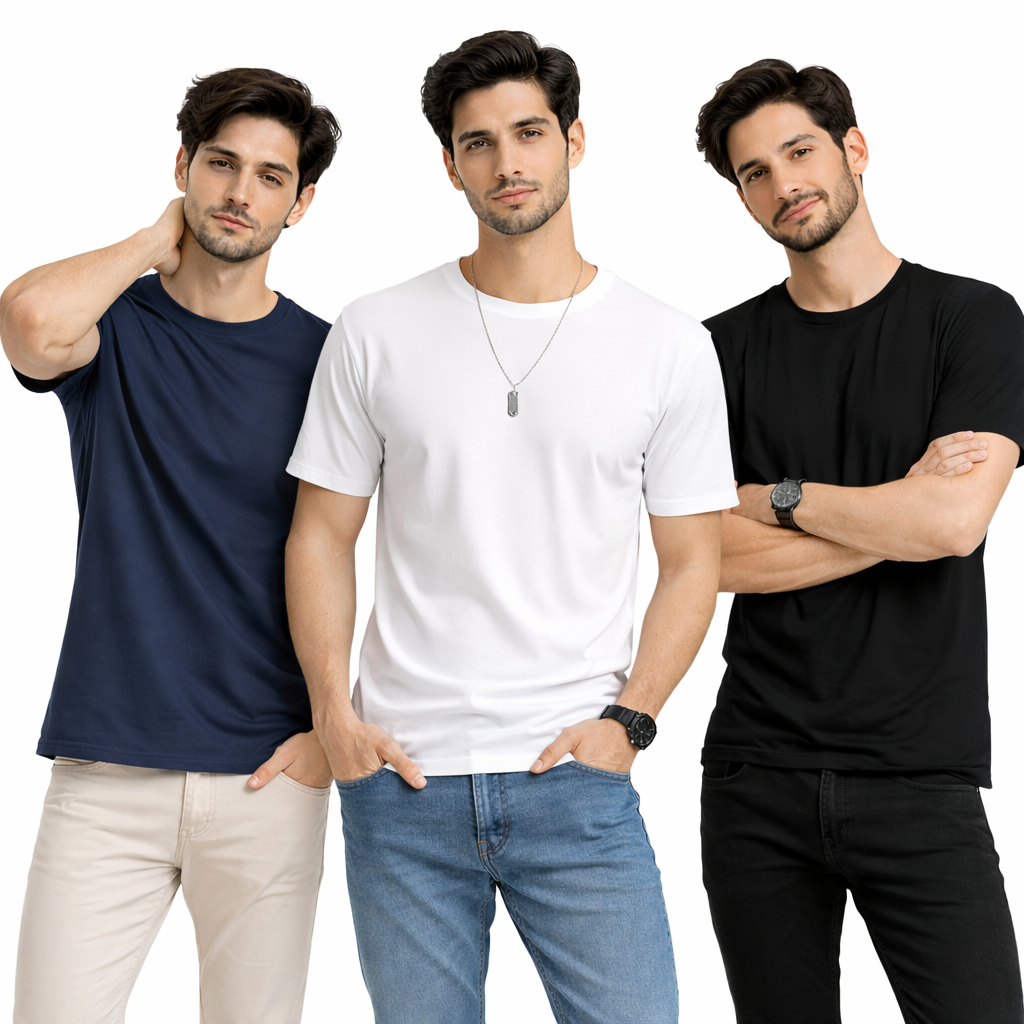 Pack Of 3 Plain Colors Half Sleeves T Shirts For Mens