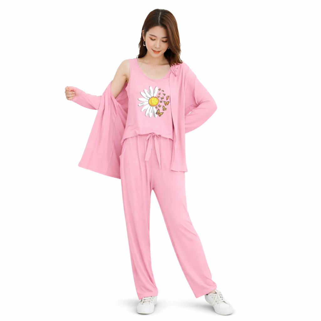 White Sunflower Printed 3Piece Pajama Night Suite