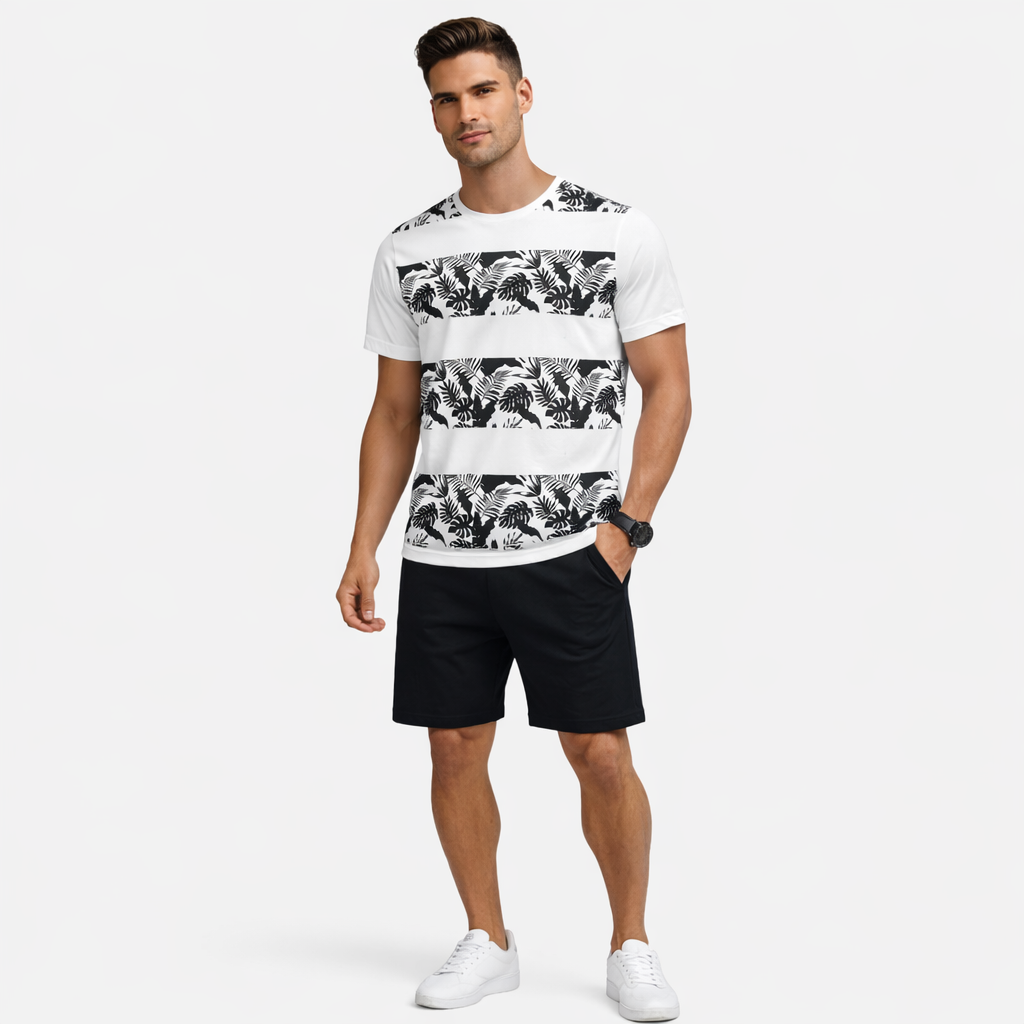 Leafy Stripes Printed Summer 2 Piece TrackSuite Casual Half Sleeves TShirt With Black Short For Men's