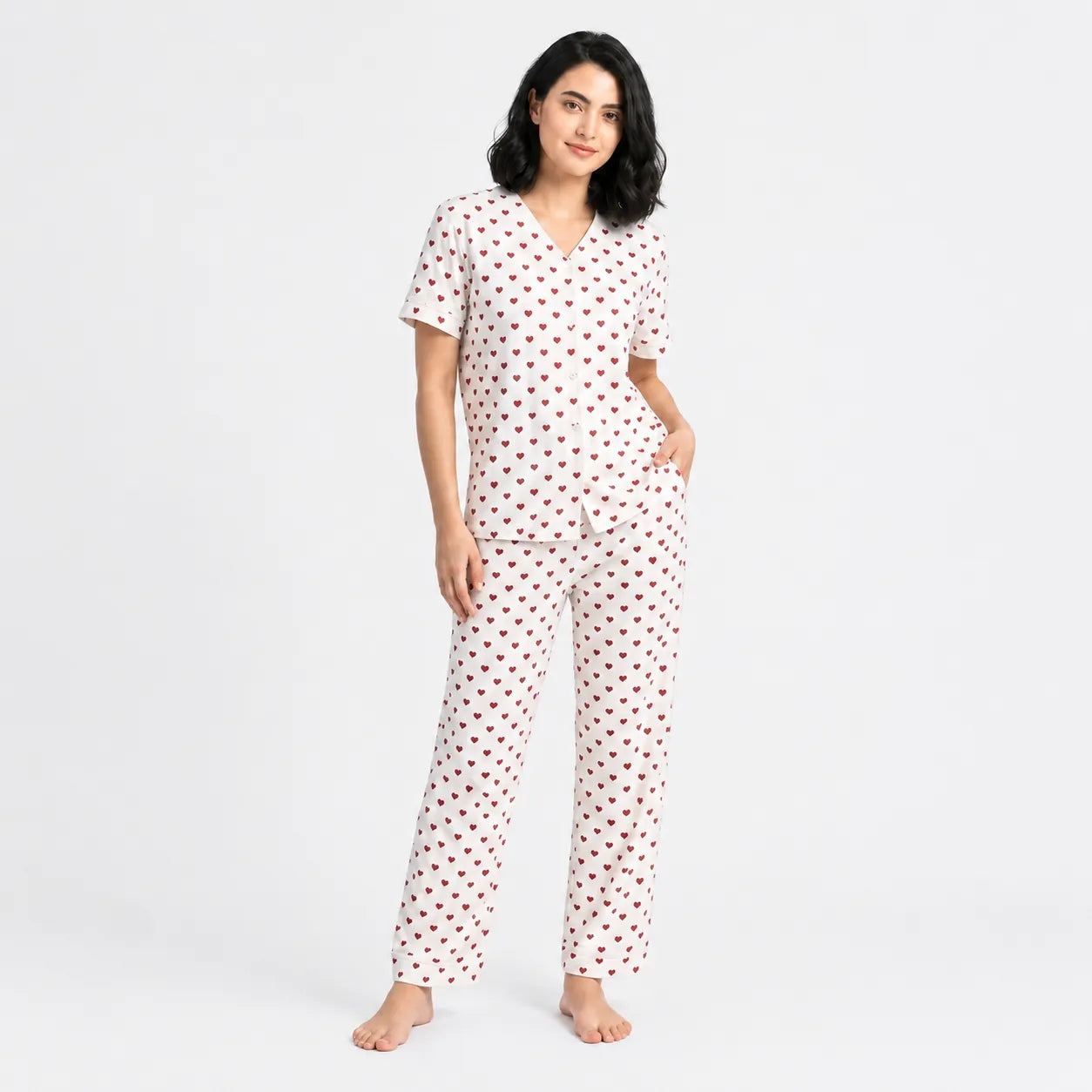 Summer Crinkled Heart Print Pajama Night Set