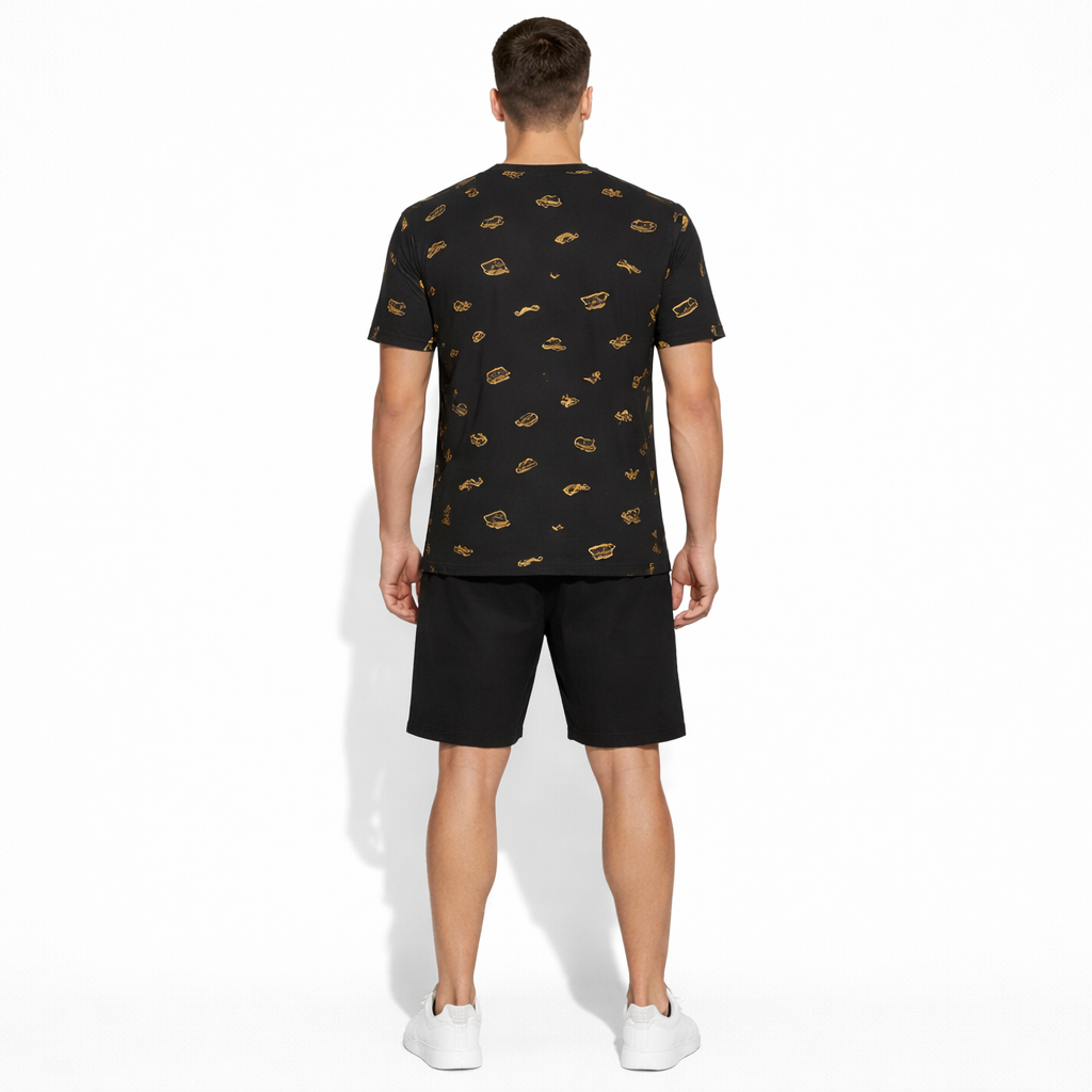 Moustache cap Eyeglasses Printed Summer 2 Piece TrackSuite Casual Half Sleeves TShirt With Black Short For Men's