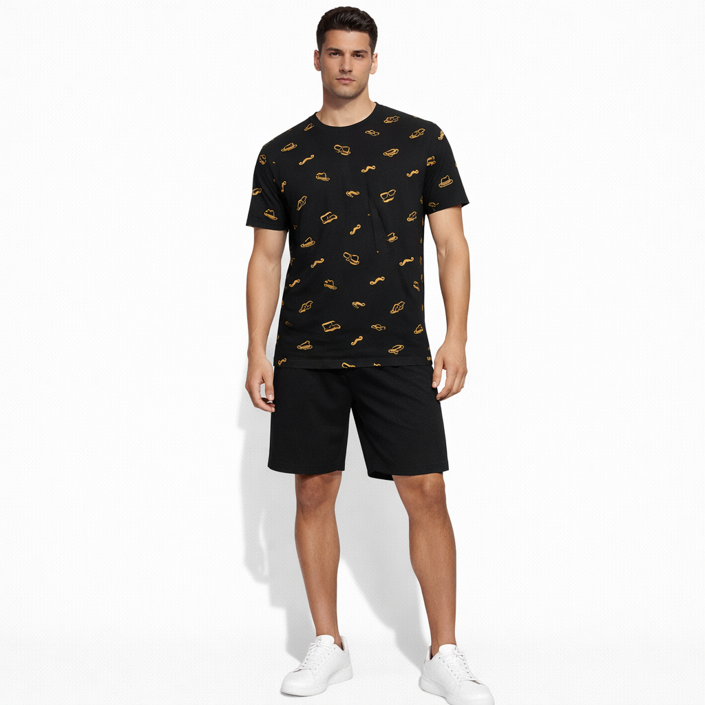 Moustache cap Eyeglasses Printed Summer 2 Piece TrackSuite Casual Half Sleeves TShirt With Black Short For Men's