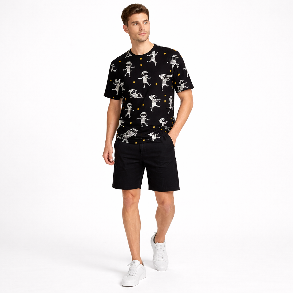 Mummy Printed Summer 2 Piece TrackSuite Casual Half Sleeves TShirt With Black Short For Men's