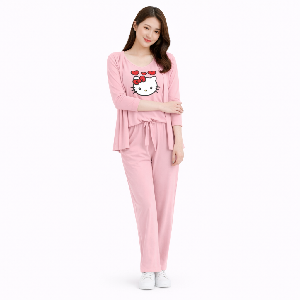 Kitty Printed 3 Piece For Home Wear Night Suite