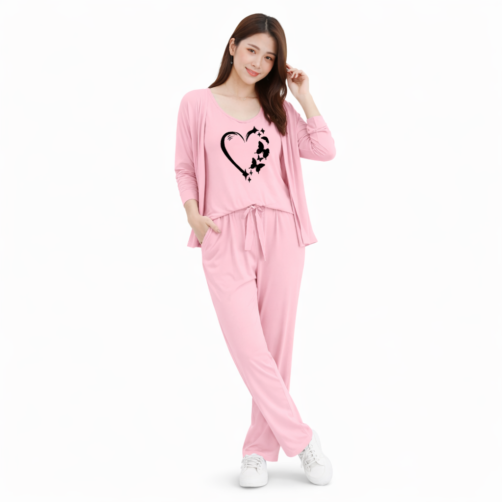 ButterFly Heart  Printed 3 Piece For Home Wear Night Suite