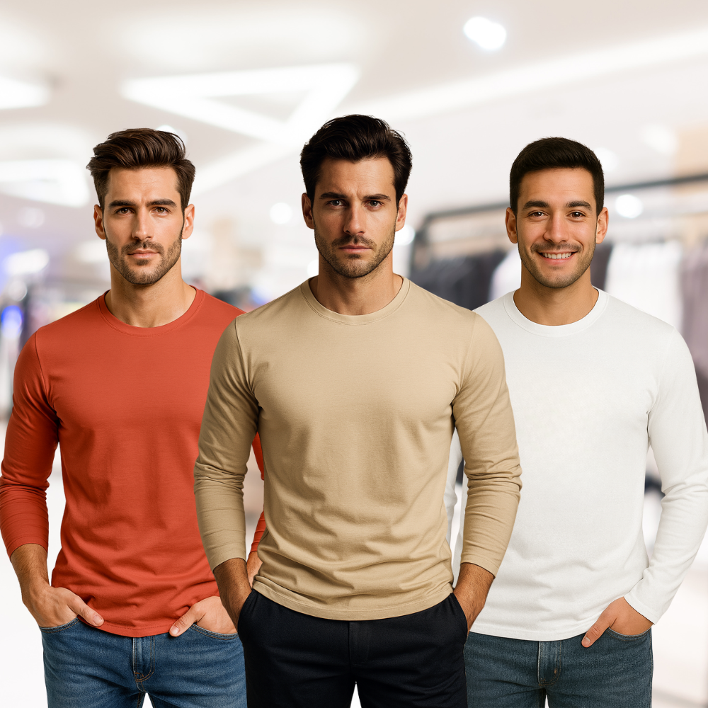 MK Garments - Pack Of 3 Plain Colors  Full Sleeves Casual Wear  T Shirt For Men