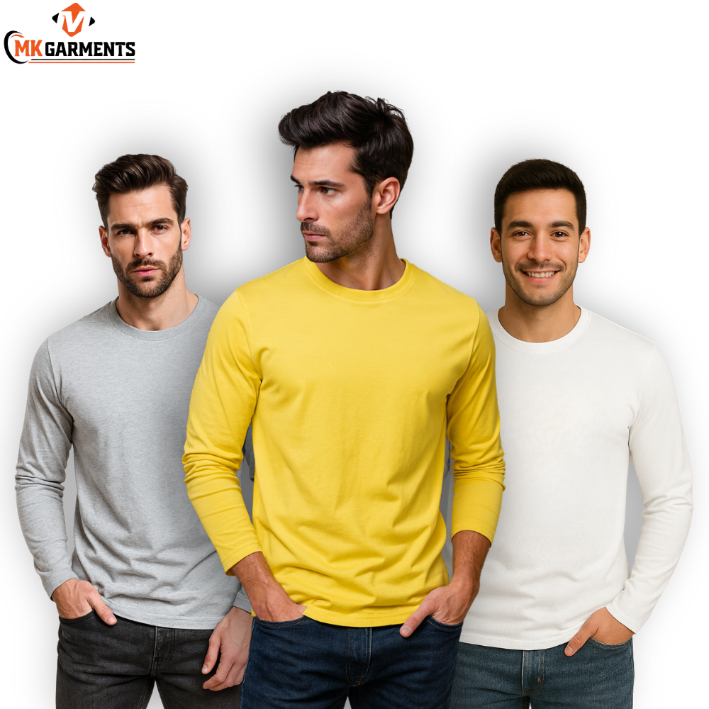 Pack Of 3 Plain Colors Full Sleeves  T Shirts For Mens
