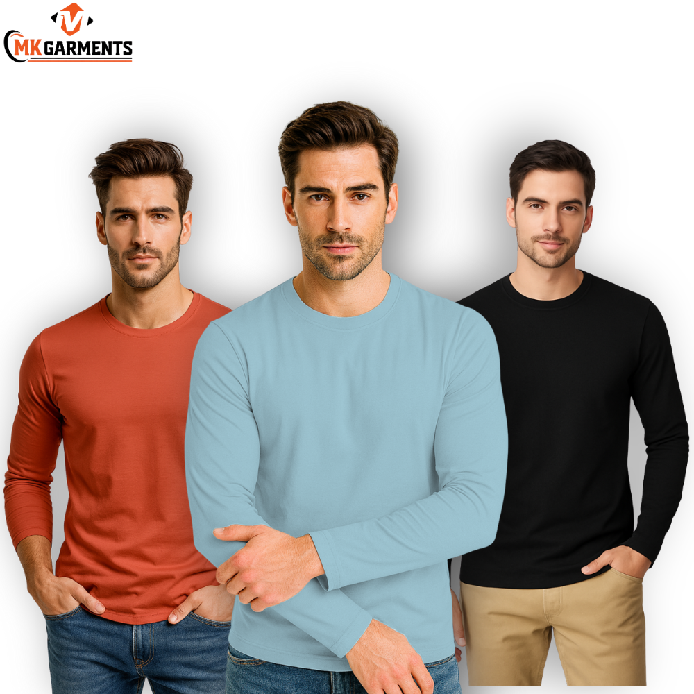 Pack Of 3 Plain Colors Full Sleeves  T Shirts For Mens