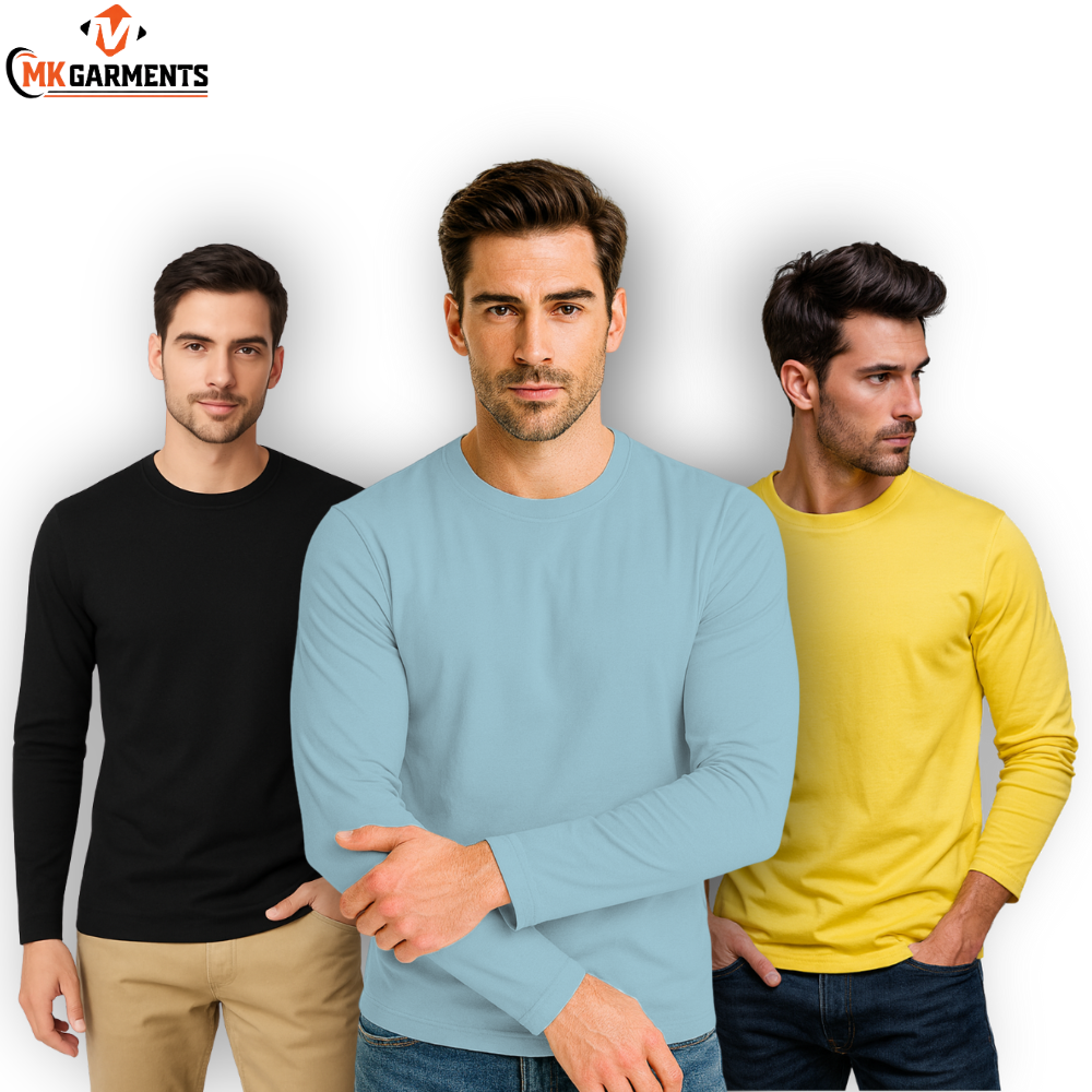 MK Garments - Pack Of 3 Plain Colors Full Sleeves  T Shirts For Mens