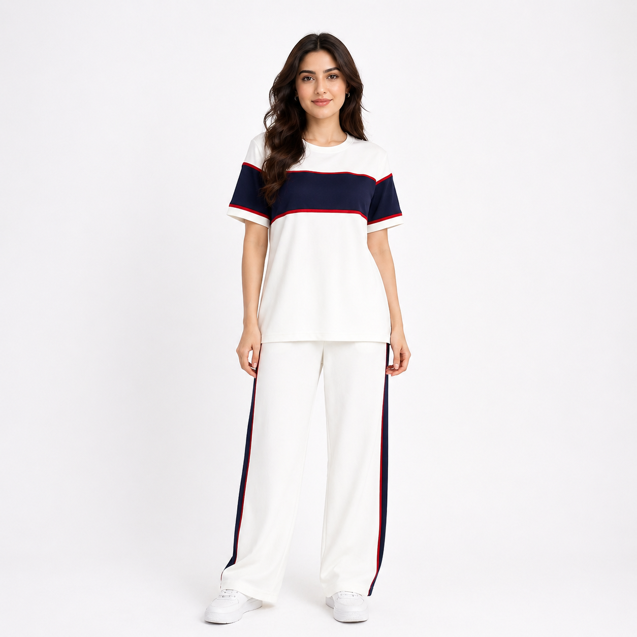 Women Panel Tee & Straight Trouser Tracksuit Set