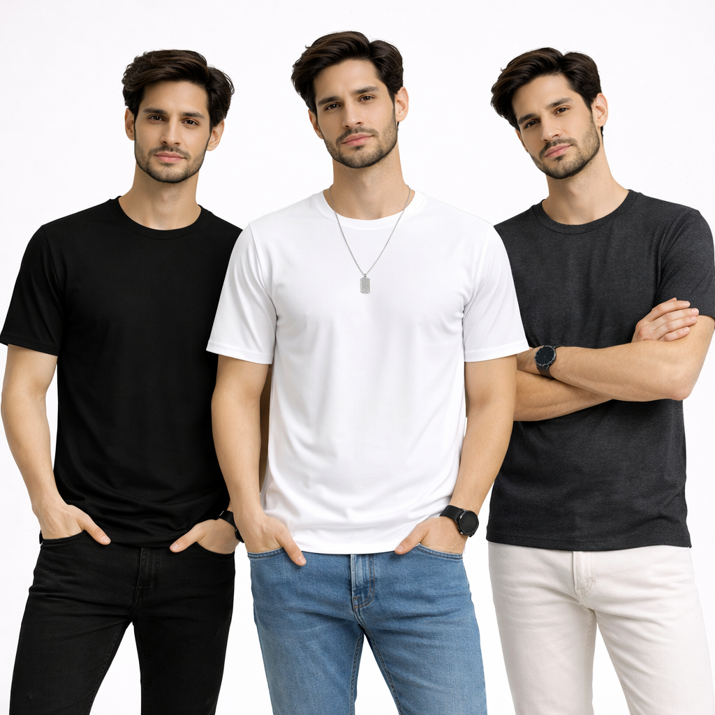 Pack Of 3 Plain Colors Half Sleeves T Shirts For Mens