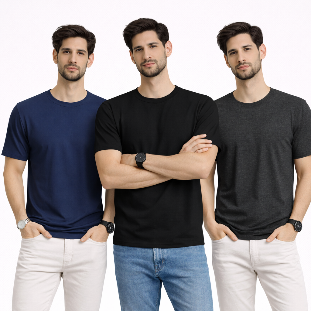Pack Of 3 Plain Colors Half Sleeves T Shirts For Mens